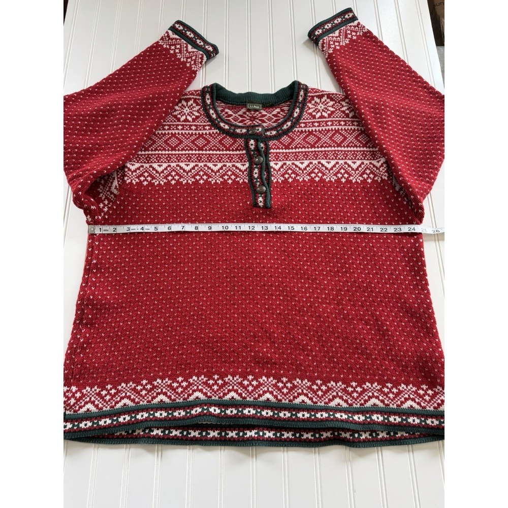 LL‎ Bean Womens Sweater L XL Red Fair Isle Nordic 1/4 Button Cotton Heavy - Picture 6 of 10